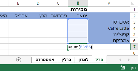 הנוסחה בגליון העבודה 'פריס'.