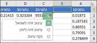 תמונה של לחצן 'אפשרויות הוספה' המוצג לאחר הוספת שורות או עמודות.