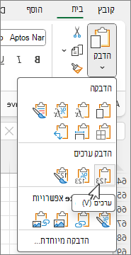 לחצן 'הדבק ערכים' בגלריית האפשרויות