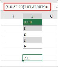 הפונקציה PERCENTILE של Excel להחזרת האחוזון ה- 30 של טווח נתון עם =PERCENTILE(E2:E5,0.3).
