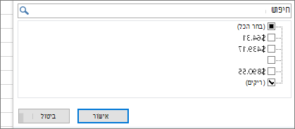 תפריט 'סינון' שבו תיבת הסימון 'בחר הכל' לא נבחרה, תיבת הסימון '(ריקים)' נבחרה