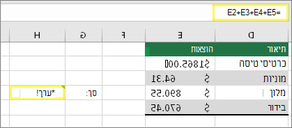 H4 עם =E2+E3+E4+E5 ותוצאה של #VALUE!