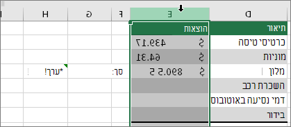 העמודה שנבחרה