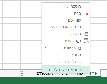 בתפריט הלחיצה הימנית, האפשרות 'בחר את כל הגליונות' נבחרה.
