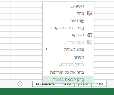 בתפריט הלחיצה הימנית, האפשרות 'פרק קבוצת גליונות' נבחרה.