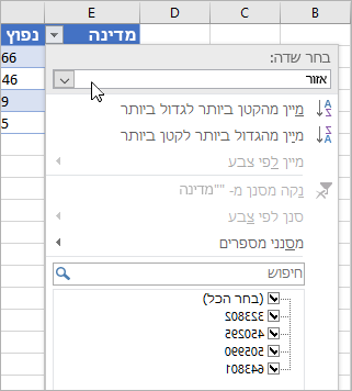 תפריט 'סינון', תפריט 'ערך התצוגה', פירוט שדות של סוגי נתונים מקושר