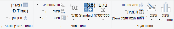 קבוצות סוגי הנתונים בכרטיסיה 'הוספת עמודה' ברצועת הכלים