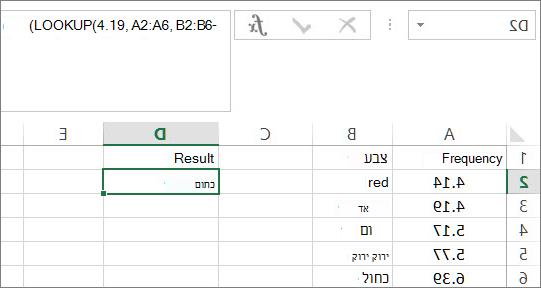 דוגמה לשימוש בפונקציה LOOKUP
