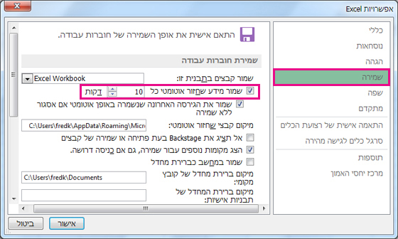 אפשרות השמירה באפשרויות Excel