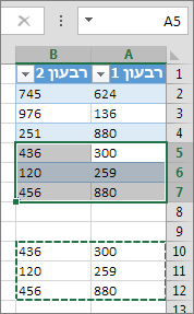 הדבקת נתונים מתחת לטבלה מרחיבה את הטבלה כך שתכלול אותם