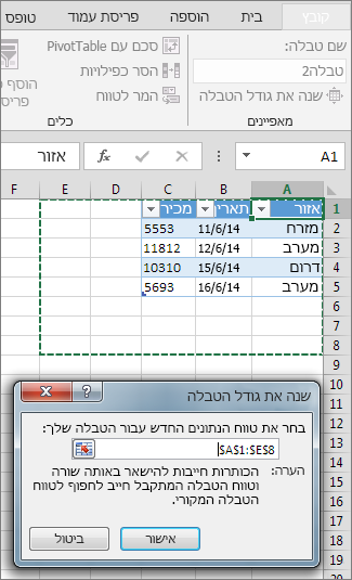 שינוי גודל טבלה