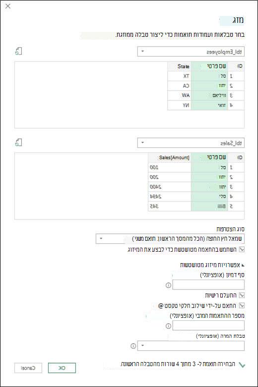 Power Query אפשרויות מיזוג מטושטשות