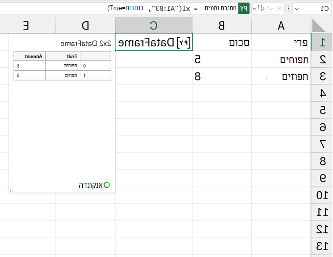 כרטיס DataFrame פתוח.