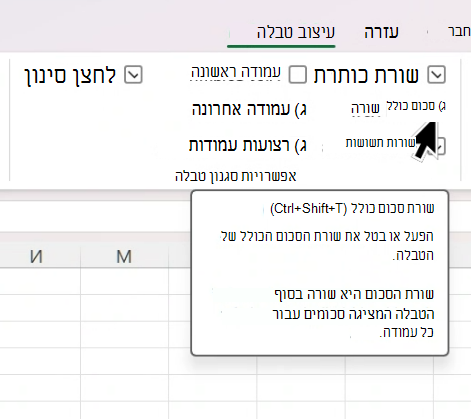 הסמן מרחף מעל תיבת הסימון 'שורת סכום' בתפריט 'עיצוב טבלה'