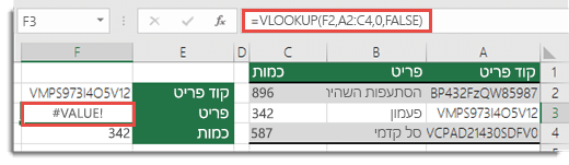 שגיאת ‎#VALUE!‎ מוצגת כאשר col_index_argument קטן מ- 1