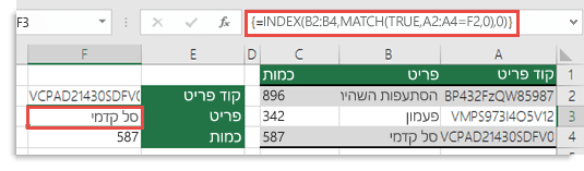 אם אתה משתמש ב- INDEX/MATCH כשיש לך ערך בדיקת מידע הגדול מ- 255 תווים, יש להזין אותו כנוסחת מערך. הנוסחה בתא F3 היא =INDEX(B2:B4,MATCH(TRUE,A2:A4=F2,0),0), והיא מוזנת על-ידי הקשה על Ctrl+Shift+Enter