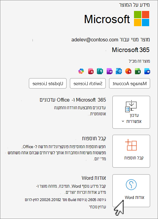 צילום מסך שמראה את תצוגת הגירסה של Office 365.