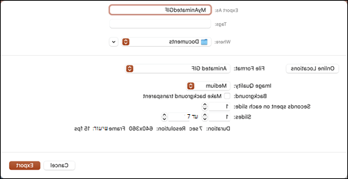 תיבת הדו-שיח 'ייצוא כקובץ GIF מונפש' ב- PowerPoint 2021 עבור Mac
