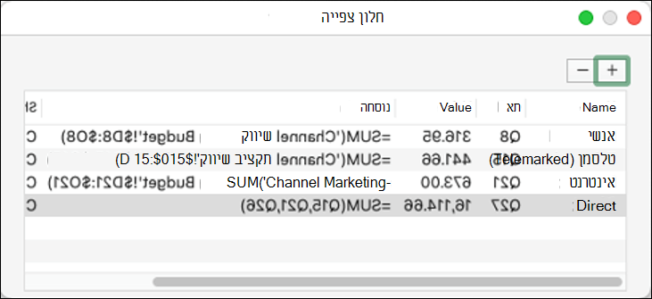 חלון צפייה ב- Excel 2021 עבור Mac המציג שם, תא, ערך ונוסחה