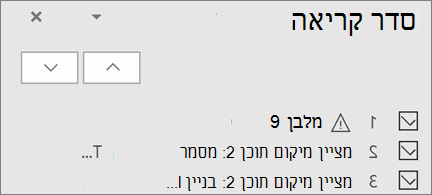 רשימת פריטים בסדר קריאה בשקופית בעלת לחצני חצים למעלה ולמטה כדי לסדר אותם מחדש