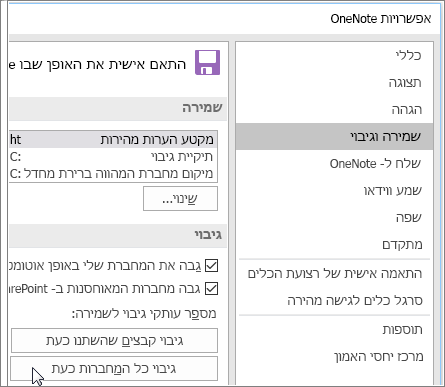 צילום מסך של תיבת הדו-שיח 'אפשרויות OneNote' ב- OneNote 2016.