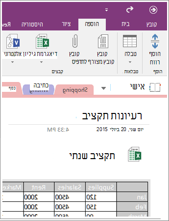 צילום מסך של גיליון אלקטרוני מוטבע ב- OneNote 2016.
