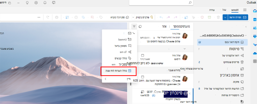 צילום מסך שמראה שמנהלי מערכת יכולים להשתמש במסנן הדואר האלקטרוני של הזמנות לוח השנה