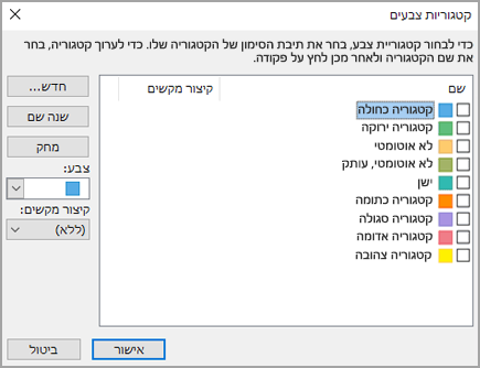 תיבת הדו-שיח 'קטגוריות צבע'