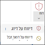 צילום מסך של לחצן 'דוח' כאשר האפשרות 'דיווח על דיוג' נבחרה ברצועת הכלים הקלאסית Outlook באינטרנט.