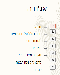 כל תבליט ברשימה מציג את סדר ההנפשות בתיבה קטנה מימין