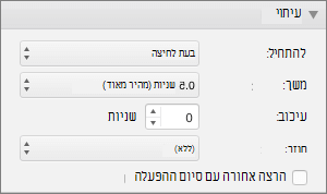 צילום מסך המציג את המקטע 'תזמון' בחלונית 'הנפשות' עם האפשרויות 'התחלה', 'משך', 'עיכוב', ו'חזרה' ותיבת סימון עבור 'הרצה לאחור' בסיום ההפעלה.