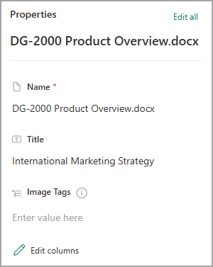 צילום מסך המציג את המאפיינים של מסמך בספריית SharePoint.