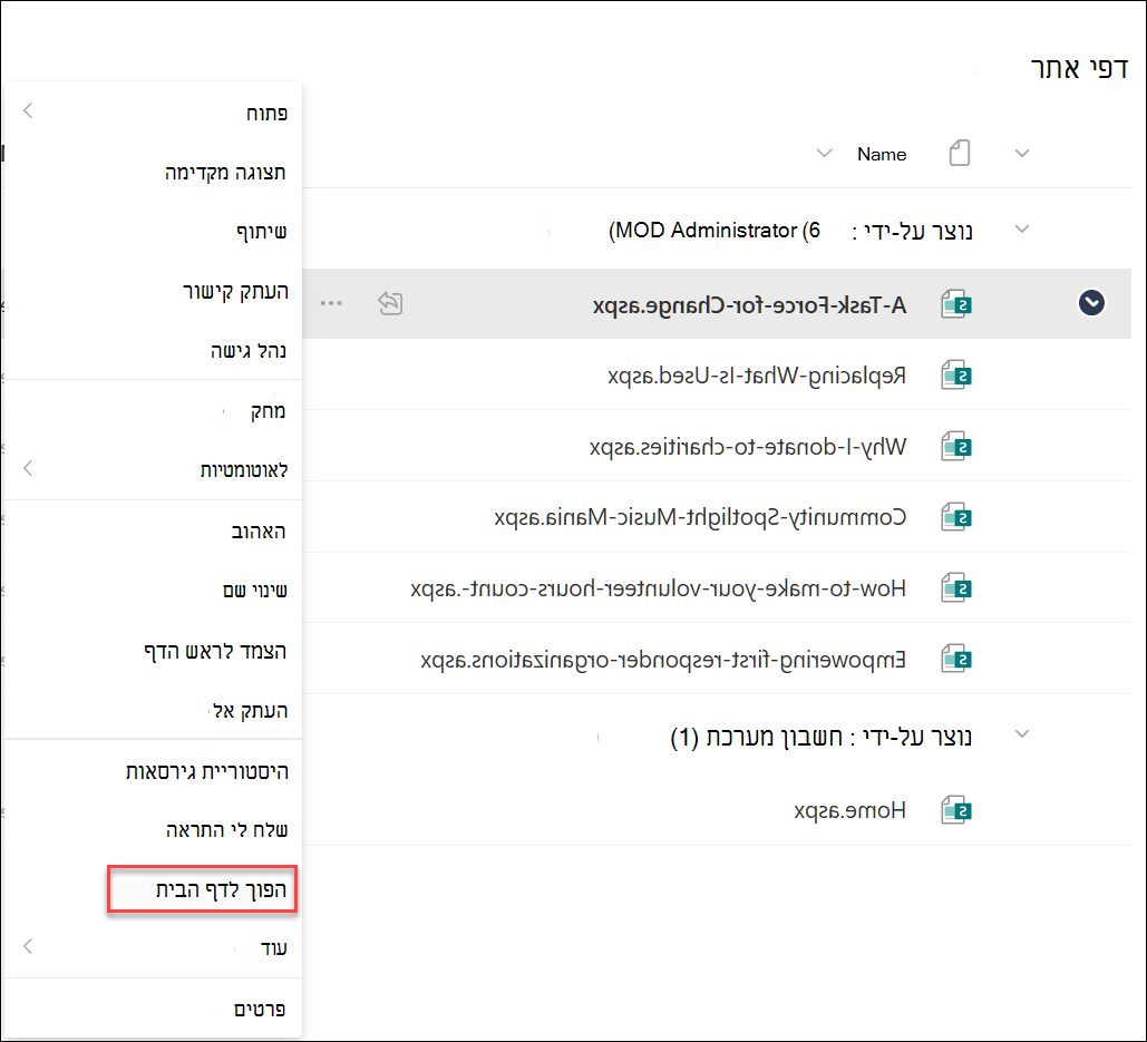 צילום מסך של 'הפוך לדף הבית'