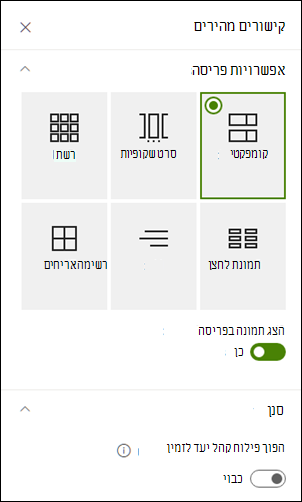 החלונית 'מאפיינים' מציגה אפשרויות נוספות עבור פריסה שנבחרה.