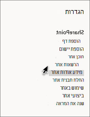 צילום מסך של הגדרות SharePoint עם פרטי אתר שנבחרו