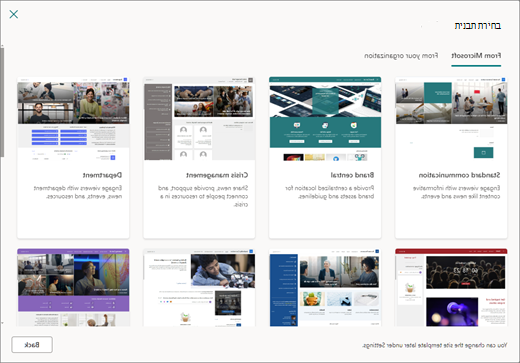 בחירות תבניות עבור אתר תקשורת של SharePoint