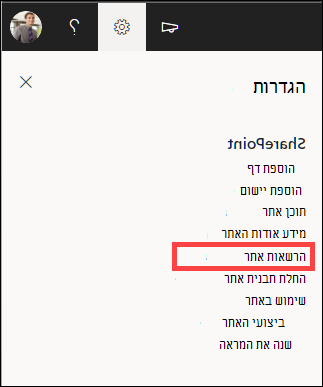 הגדרות עם הרשאות אתר מסומנות.