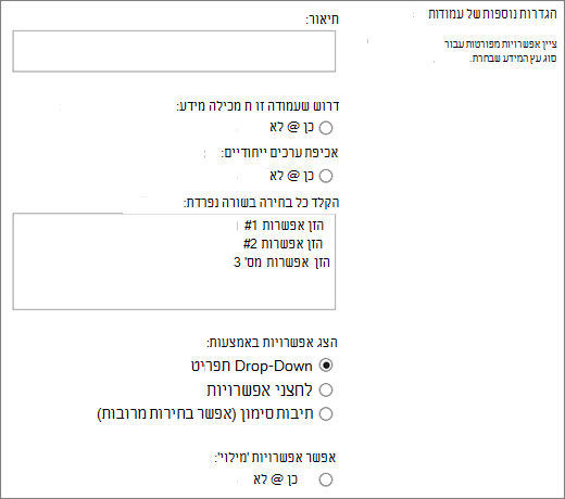 אפשרויות עבור עמודות בחירה