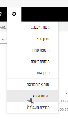 האפשרות 'הגדרות אתר' תחת לחצן 'הגדרות'