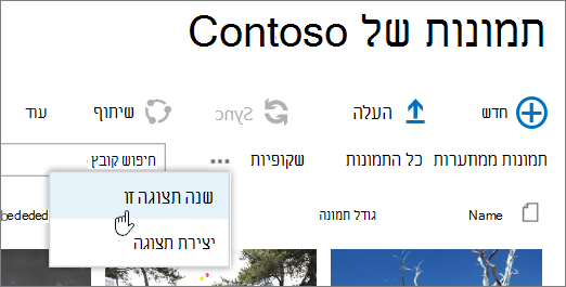 סרגל התצוגה 'ספריית תמונות' כאשר האפשרות 'שנה תצוגה' נבחרה