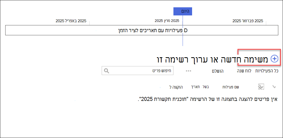 ציר זמן לפעילויות, לחץ על 'חדש +' כדי להוסיף פעילויות