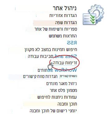 הקישור 'זרימות עבודה' תחת הכותרת 'ניהול האתר'