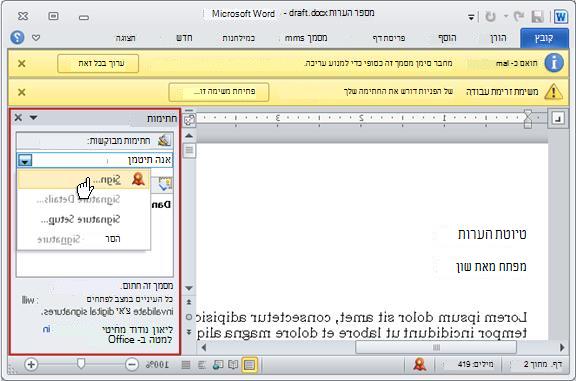 פריט עם החלונית 'חתימות' פתוחה