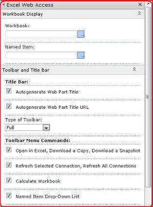 בחר והזן מאפיינים עבור ה- Web Part של Excel Web Access בחלונית הכלים.
