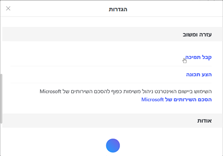 הגדרות האינטרנט של 'ניהול משימות של Microsoft' כאשר האפשרות 'קבל תמיכה' נבחרה תחת 'עזרה ומשוב'