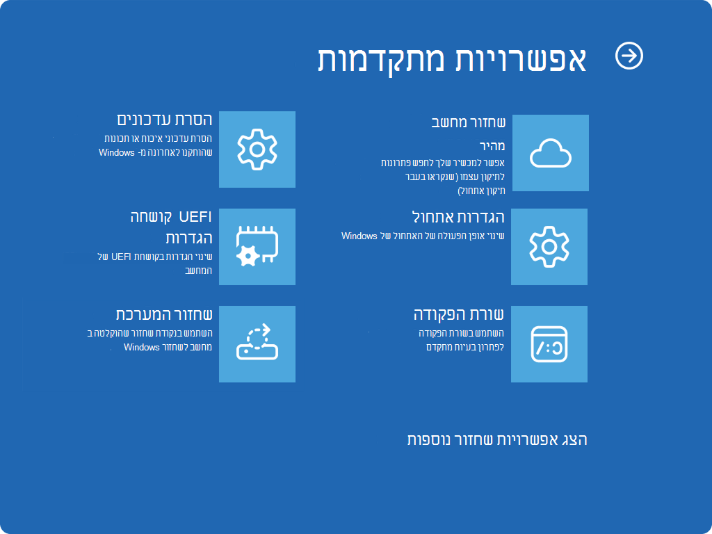 צילום מסך Windows RE המציג אפשרויות מתקדמות ואת ערך QMR החדש.