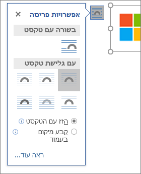 לחץ על 'אפשרויות פריסה' כדי לבחור כיצד טקסט יזרום מסביב לתמונה שהוספת.