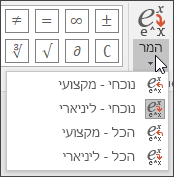 תמונה של תפריט 'המר' המציגה את אפשרויות העיצוב להמרת המשוואה.