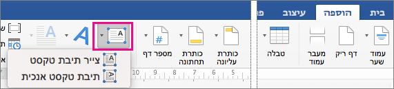 בכרטיסיה 'הוספה', האפשרות 'תיבת טקסט' מסומנת.
