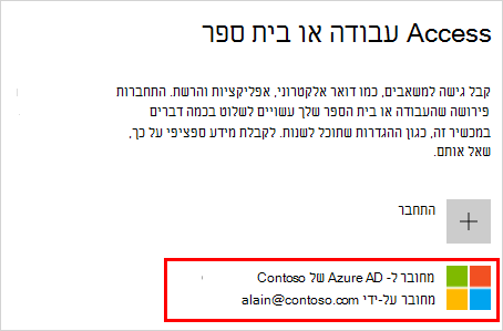 צילום מסך שמראה את החלון של Access בעבודה או בבית ספר עם בחירה של חשבון Azure AD מחובר אל (הארגון שלך)